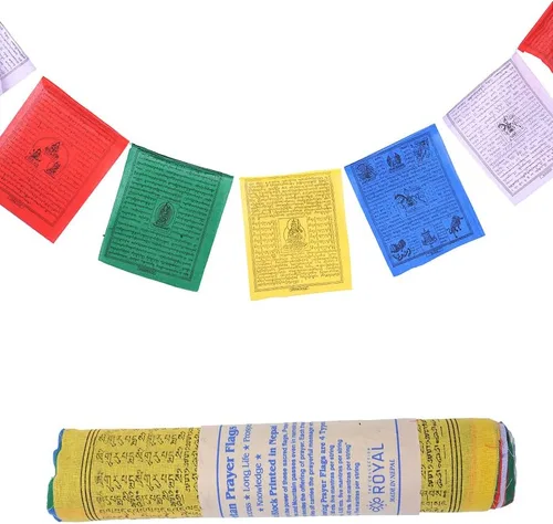 Vista 6 de Banderas tibetanas de oración al aire libre, zen, colorido cartel budista, chakras, geometría sagrada, caballo de viento hecho en Nepal, mantras