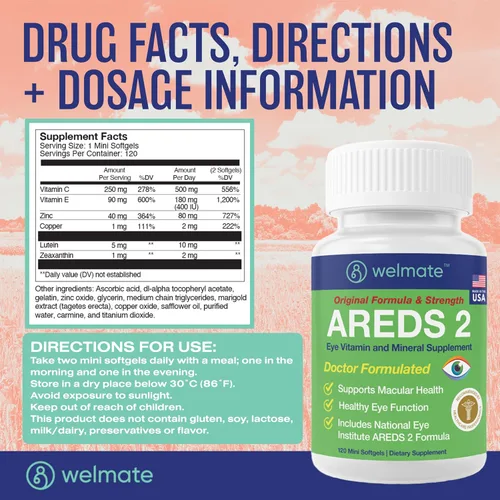 Vista 5 de WELMATE - AREDS 2 (60 porciones) - Suplemento vitamínico y mineral para los ojos - Vitamina C, zinc, luteína, zeaxantina - Salud macular - Formulado