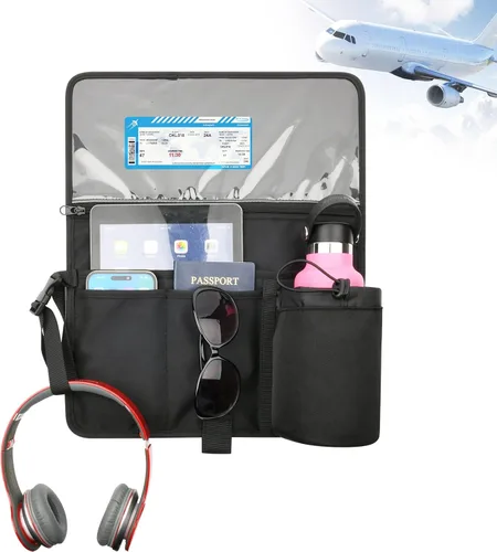 Vista 7 de Cosmos Organizador de respaldo de asiento de avión, artículos esenciales de viaje, bolsa de almacenamiento para asiento de aerolínea, bolsillos