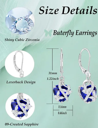 Vista 6 de Aretes de mariposa para mujer, plata de ley 925, aretes de corazón con piedra natal