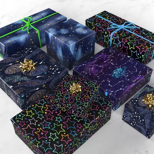 Vista 6 de GIOLNIAY Papel de regalo de galaxia para niños y niñas, cumpleaños, baby shower, estrellas de neón, cielo nocturno, galaxia con nebulosa, 8 hojas