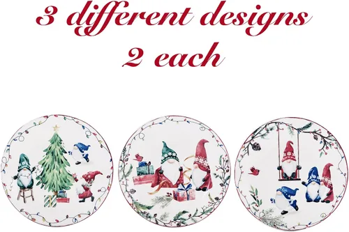 Vista 3 de Bico - Juego de 6 platos de aperitivo de gnomos navideños, 6 pulgadas, pequeños platos de postre de cerámica para bocadillos, ensalada, decoración