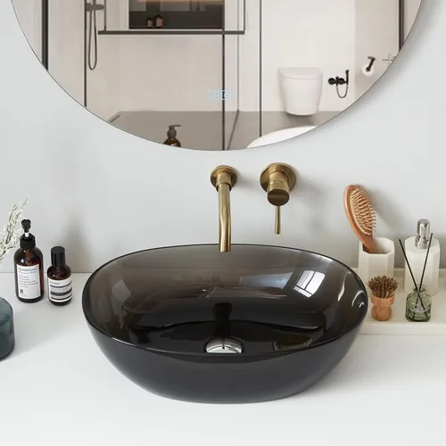 Vista 3 de Cpingao Fregadero ovalado translúcido de 23 x 15 pulgadas para gabinete, encimera de resina de piedra en forma de barco para lavabo con drenaje Negro