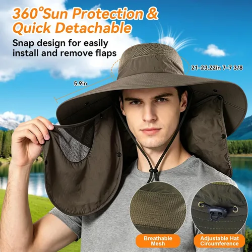 Vista 3 de Sombrero de pesca de ala súper ancha UPF 50+, sombrero de safari solar con solapa extraíble para el cuello