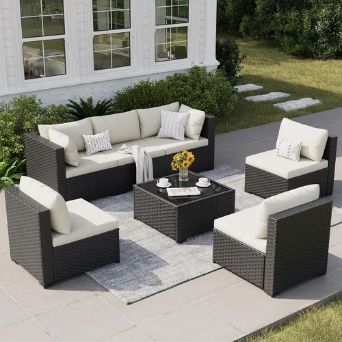 Vista 9 de Juego de muebles de patio, sofá seccional de mimbre para exteriores Beige/Negro