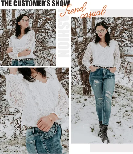 Vista 6 de SHEWIN Blusas estilo bohemio con cuello en V y encaje para mujer