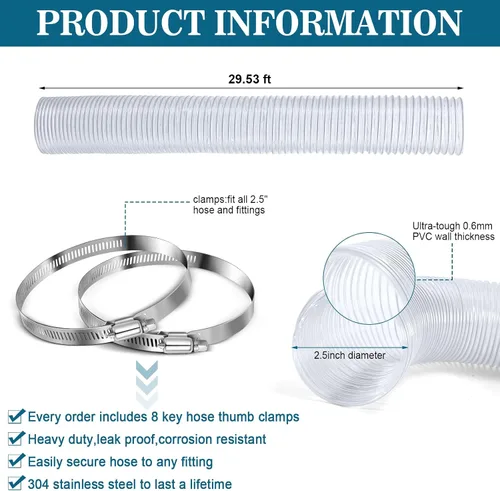Vista 2 de Yaocom Manguera de recogida de polvo de PVC de 2.5 pulgadas y 30 pies con abrazaderas de acero inoxidable, flexible, transparente, resistente a