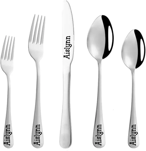 Vista 11 de Juego de cubiertos personalizado de acero inoxidable, cuchillo grabado, tenedores, cuchara, nombres personalizados se grabarán en tu vajilla, regalo