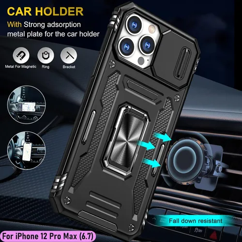 Vista 8 de Funda resistente para Apple iPhone 12 Pro Max, protector híbrido de goma de doble capa de grado militar con protector de cámara deslizante, soporte