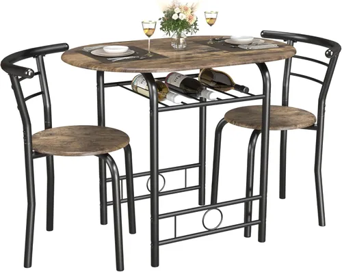 Vista 15 de JUMMICO Juego de mesa redonda y silla de madera de 3 piezas, ahorro de espacio, rincón de desayuno, mesa de grano de madera con marco de metal