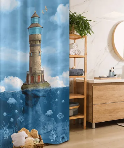 Vista 111 de set de cortina para baño decorativa de tela de poliéster con ganchos