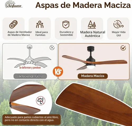 Vista 2 de Sofucor Ventilador de techo de madera maciza de 52 pulgadas, ventilador de techo de montaje empotrado y varilla descendente con luces y control