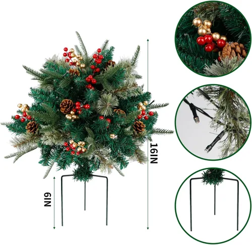 Vista 4 de Glintoper Relleno de urna de Navidad artificial iluminada, pinos de Navidad preiluminados con conos, bayas doradas y rojas, estaca de trípode y 60