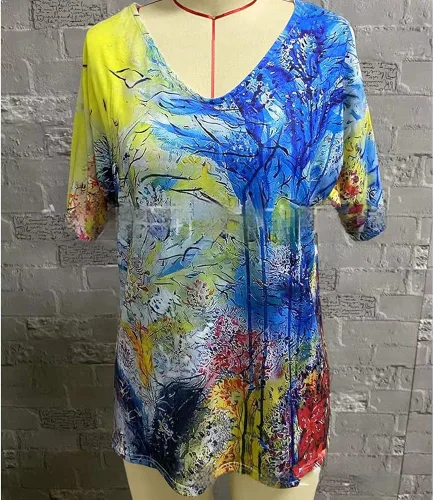 Vista 6 de Janepam Camiseta para mujer, diseño floral, mariposa, acuarela, paisaje, estampado gráfico, manga corta, cuello en V, holgada, para mujer