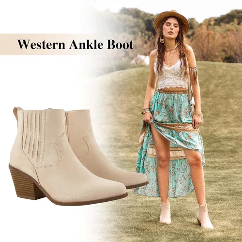 Vista 3 de TINSTREE Botines occidentales para mujer, puntera puntiaguda, tacón medio, estilo Chelsea con cremallera lateral, elástico