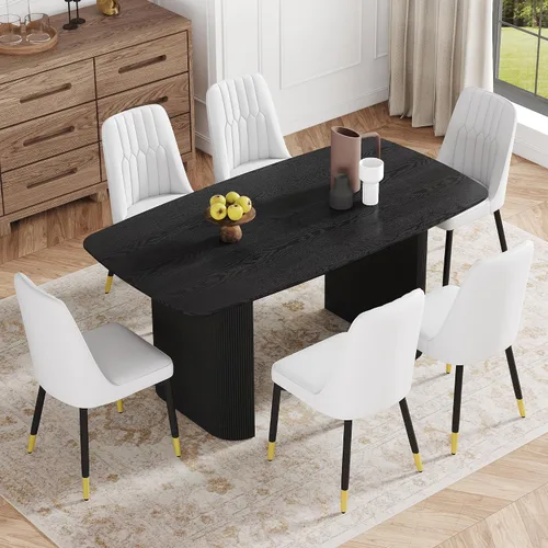 Vista 13 de Juego de mesa de comedor moderno para 4, juego de mesa de comedor negro de 67 pulgadas con mesa ovalada de madera de 3.5 pulgadas de grosor y base