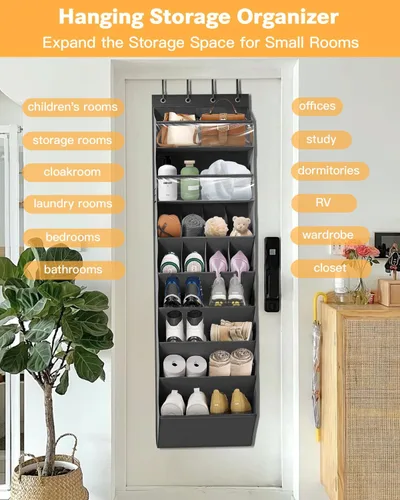 Vista 6 de Organizador de almacenamiento de zapatos sobre la puerta, zapatero colgante de 8 niveles detrás de la puerta con 6 bolsillos grandes y profundos, 8