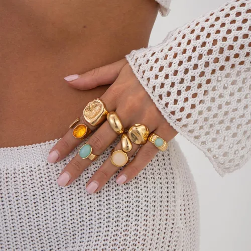 Vista 2 de Anillos gruesos para mujer, apilables, vintage, ajustables, para mujer, juego de anillos dorados con piedra llamativa, no se deslustra, joyería