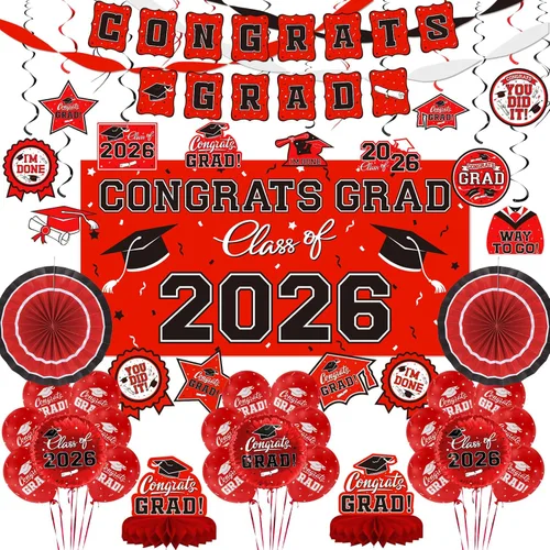 Vista 10 de Juego de decoraciones de graduación 2026 con temática negra y dorada, pancarta de felicitaciones, telón de fondo, globos y serpentinas, suministros