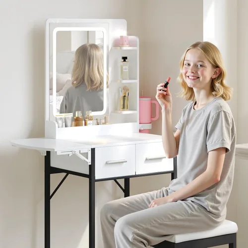 Vista 3 de Pequeño escritorio de tocador para espacio pequeño: juego de mesa de maquillaje compacto para dormitorio pequeño - Vanidad que ahorra espacio