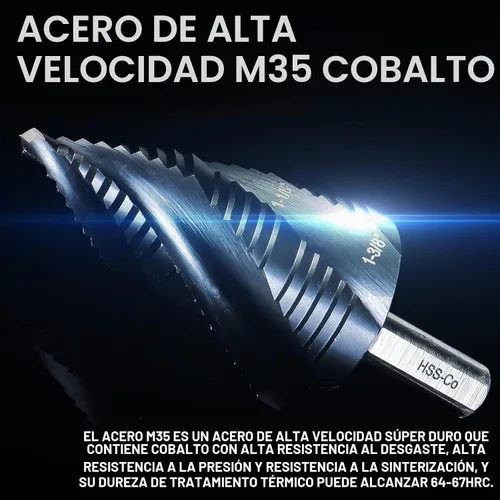 Vista 4 de Matework Broca Escalonada de Cobalto M35, Broca Escalonada Unibit de Cuatro Flautas Espirales (3/16"-1-3/8") Resistente al Desgaste