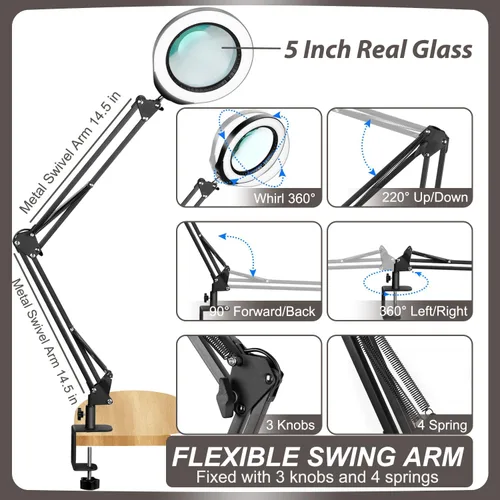 Vista 5 de VEEMAGNI Lupa grande de cristal real de 12 x 5 pulgadas con luz y soporte, 5 modos de color regulable, brazo giratorio largo LED abrazadera lámpara