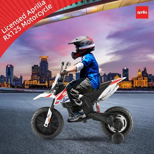 Vista 9 de INFANS Motocicleta para niños de 12 V, con licencia Aprilia RX125, motocicleta de montar para niños pequeños con ruedas de entrenamiento, suspensión