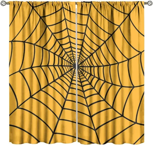 Vista 37 de Cortinas opacas de tela de araña aterradora para niños, tela de araña en blanco y negro, fondo rojo, dormitorio de niños, guardería, decoración