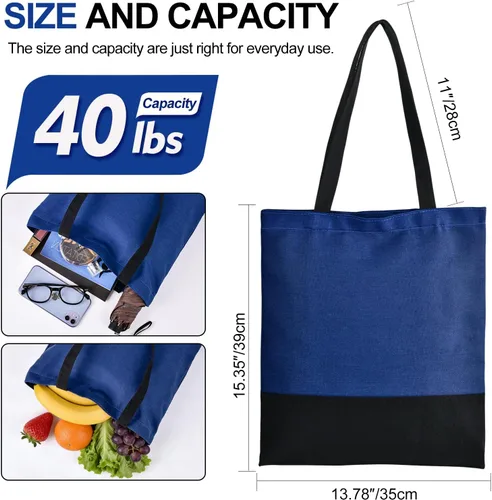 Vista 3 de Bolsa de lona con cremallera y bolsillo interior, bolsas de compras reutilizables para comestibles, bolsa de mano de moda