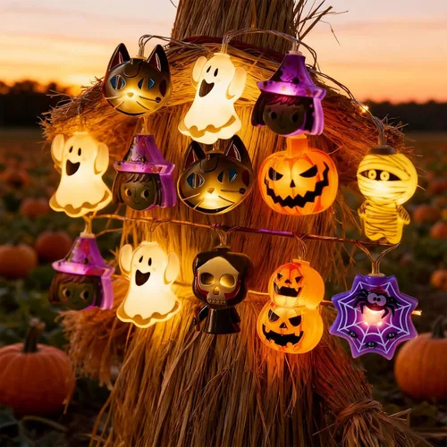 Vista 4 de Guirnalda de luces de Halloween, 10 pies, 20 luces LED de otoño, USB y batería, decoración de Halloween, luz de otoño, 8 modos intermitentes, bonita