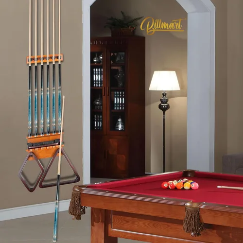 Vista 4 de Billmart Soporte de pared para palos de billar, soporte para tacos de billar para 6 palitos de almacenamiento de accesorios de mesa de billar