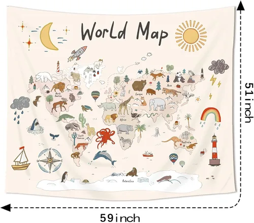 Vista 5 de Imirell Tapiz de mapa del mundo para niños, 59 pulgadas de ancho x 51 pulgadas de alto, lindo animal de dibujos animados, herramienta de aprendizaje