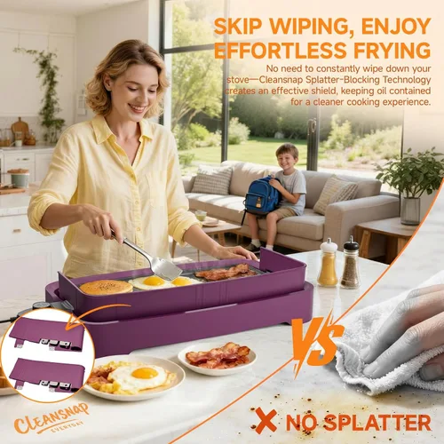 Vista 6 de Cleansnap - Plancha eléctrica diaria, gran regalo para fiestas familiares, parrilla antiadherente de 20 pulgadas con escudo plegable