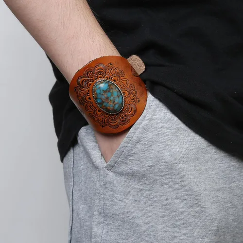 Vista 2 de HZMAN Pulsera de cuero turquesa vintage, ajustable, punk, girasol, para hombres y mujeres