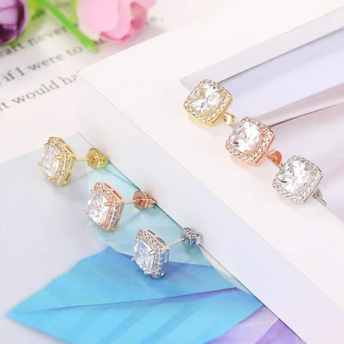 Vista 3 de Udalyn 6 pares de aretes tipo halo para mujer chapados en oro blanco de 18 quilates y oro rosa redondos cuadrados con circonita cúbica brillante