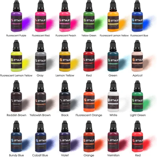 Vista 4 de Pintura para aerógrafo, 24 colores, juego de pintura para aerógrafo de 1 onza líquida, colores opacos y brillantes, kit de pintura acrílica