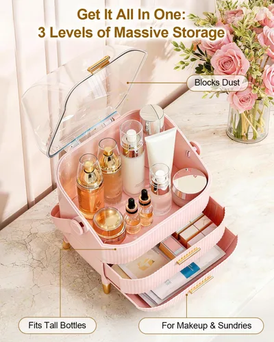 Vista 2 de Organizador de maquillaje con cajones y tapa, estuche portátil grande de almacenamiento de cosméticos para encimera de tocador, viajes, regalo