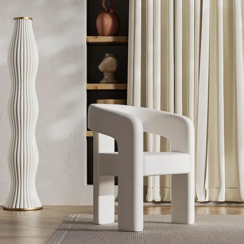 Vista 4 de Silla moderna de comedor en barril, silla de cocina acentuada tapizada en cuero sintético con brazos, silla lateral cómoda para sala de blanco