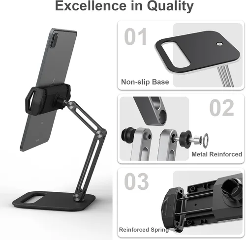 Vista 6 de Soporte ajustable para tablet de 360° para escritorio, soporte de brazo de tableta de aleación de aluminio compatible con iPad Pro/Air/Mini, Kindle