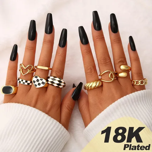 Vista 2 de FAXHION Juego de 10 anillos gruesos de oro de 18 quilates para mujeres y niñas, anillos trenzados chapados en oro, apilables, anillos midi, anillos