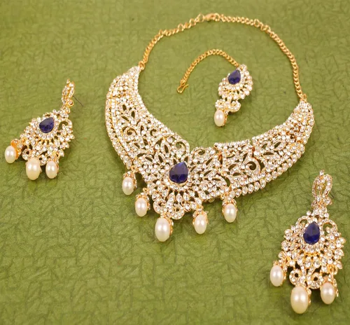 Vista 9 de Touchstone Joyería india bollywood para mujer, conjuntos de collar de declaración de boda, adornos nupciales reales grandes, grandes, declaración