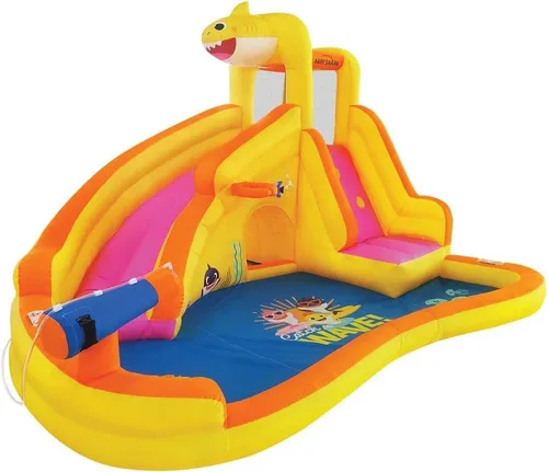 Vista 7 de Funormous Baby Shark - Casa de rebote con tobogán húmedo o seco, tobogán acuático inflable Pink Fong, diversión de tobogán acuático curvo