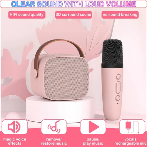 Vista 5 de Mini máquina de karaoke para niños de 4 a 12 años, altavoz Bluetooth con 2 micrófonos inalámbricos y luces LED, regalos de Navidad y cumpleaños