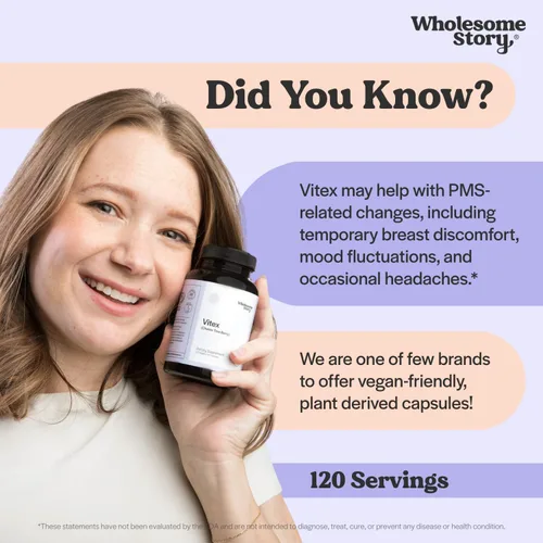 Vista 4 de Wholesome Story Suplemento orgánico Vitex Chasteberry para mujer Equilibrio hormonal, apoyo a la fertilidad y regulación del período Extracto