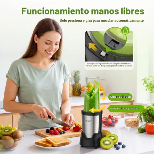 Vista 2 de KOIOS BL319B - Licuadora personal para batidos con 3 tazas para llevar de 22 onzas, color negro Press-and-Twist Lock, 22000 RPM, Detachable Blade