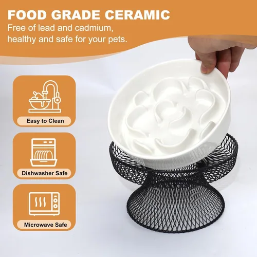 Vista 5 de 2 piezas de comederos elevados de cerámica para gatos con alimentación lenta con soporte, comedero lento para gatos para comida húmeda y seca