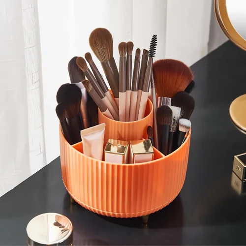 Vista 9 de Organizador para brochas de maquillaje, organizador de brochas de maquillaje giratorio 360°, taza con 5 ranuras para brochas de maquillaje