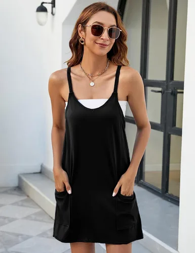 Vista 7 de Yidarer Minivestido de verano sin mangas para mujer, cuello en V, tirantes delgados, pantalones cortos atléticos con bolsillos