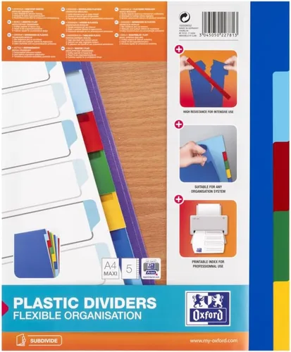 Vista 5 de Oxford Divisores de plástico A4 de 5 partes, pestañas duraderas y multicolor para archivar organizadas, resistentes al desgarro y fáciles