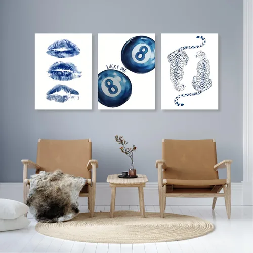 Vista 4 de GELDSTEI Arte de Pared de Guepardo Azul Preppy, Imágenes Estéticas Retro de Bola 8 Azul Marino, Obra de Arte en Lienzo Envuelto de Labios de Beso